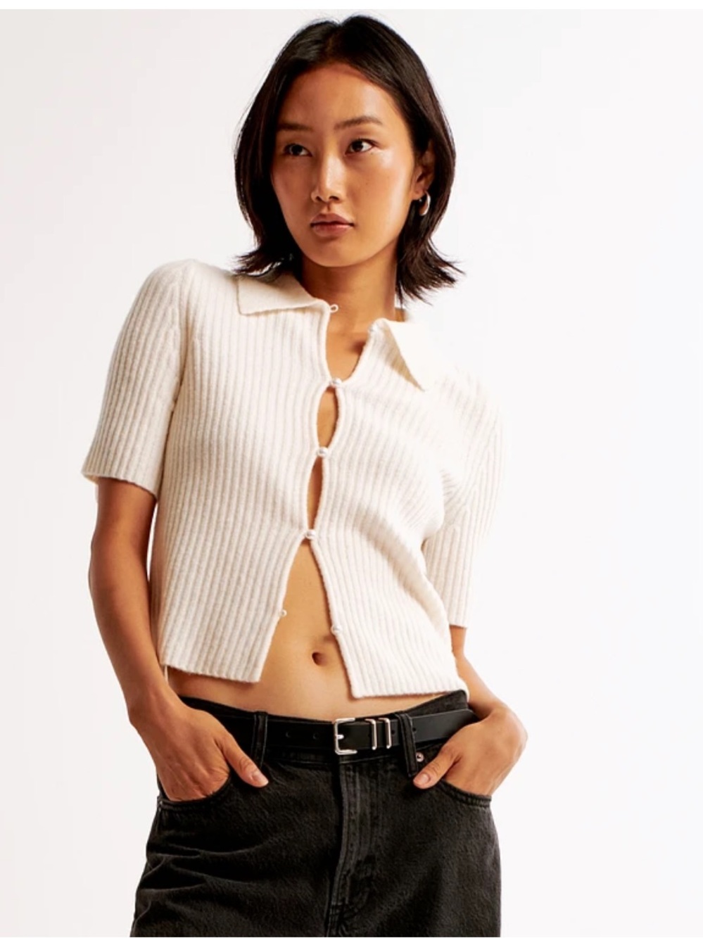 Abercrombie & Fitch Light Gray Short-Sleeve Ribbed Button Cardigan